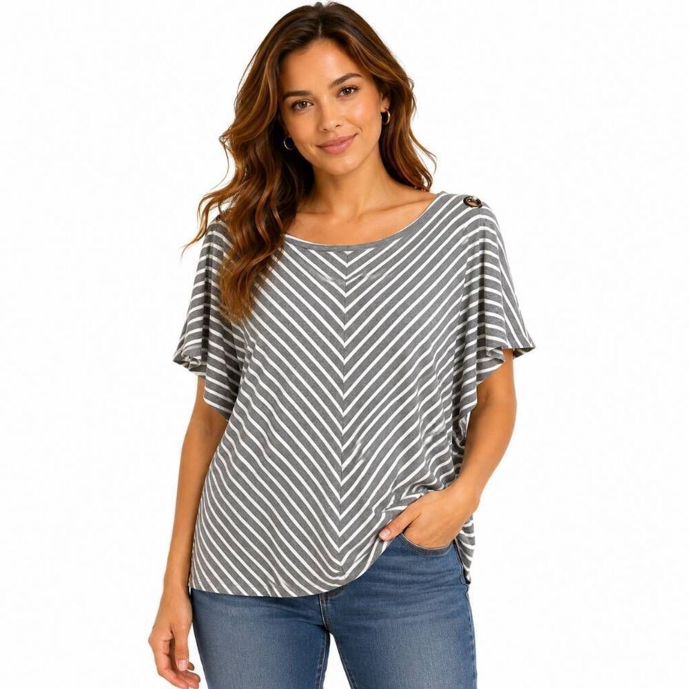 Cable & Gauge 3X Gray Stripe V Neck Grommet Top